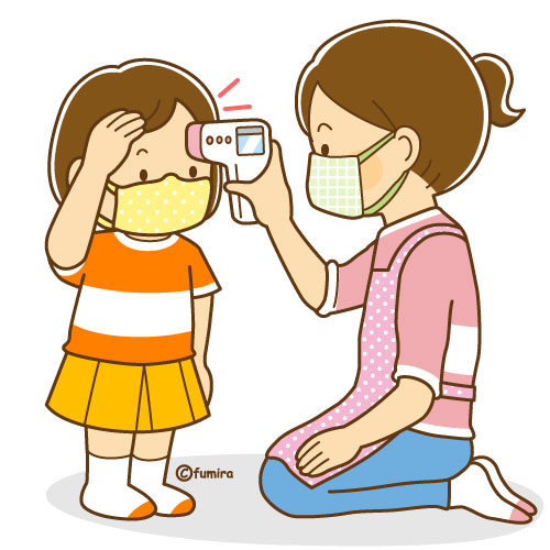 非接触型体温計で体温を測る女の子のイラスト（ソフト）