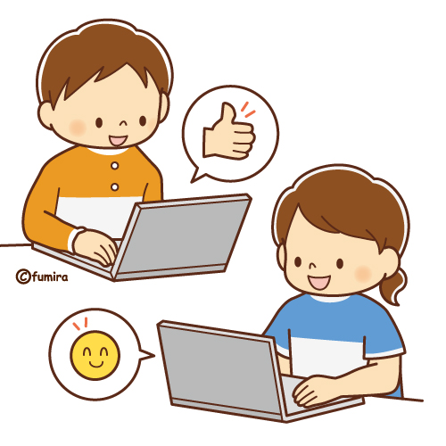 パソコン上で友だちとあいさつをする子どもたちのイラスト（ソフト）