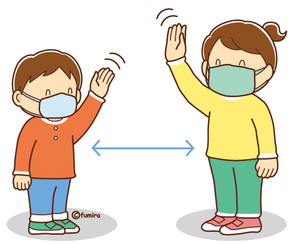 マスクをしてはなれて手をふる子どもたちのイラスト（ソフト）