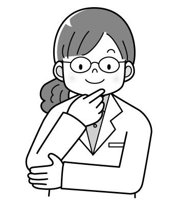 女医さんのイラスト３・メガネをかけた女の先生（モノクロ）・あごに手をあてる。笑顔