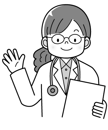 女医さんのイラスト３・メガネをかけた女の先生（モノクロ）・笑顔・ファイルを持っている