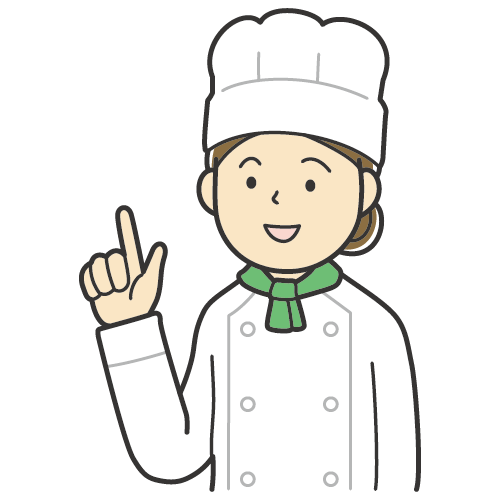 説明をする女性のイラスト・コックコートにコック帽・料理人・シェフ・カラーイラスト・笑顔
