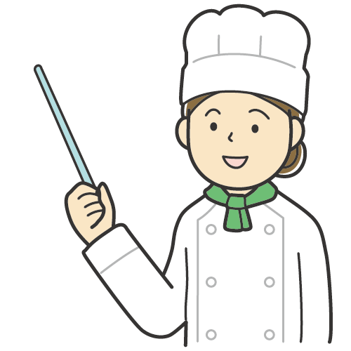 説明をする女性のイラスト・コックコートにコック帽・料理人・シェフ・カラーイラスト・笑顔