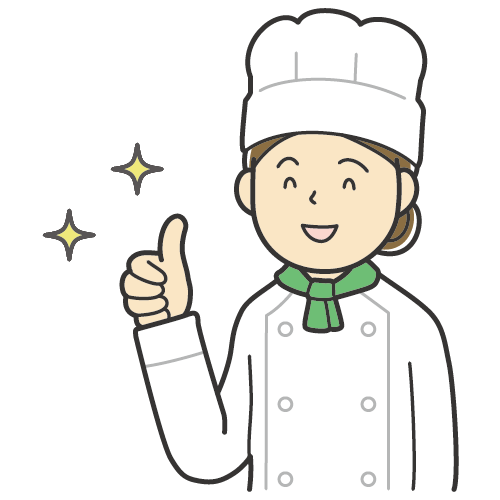 説明をする女性のイラスト・コックコートにコック帽・料理人・シェフ・カラーイラスト・笑顔