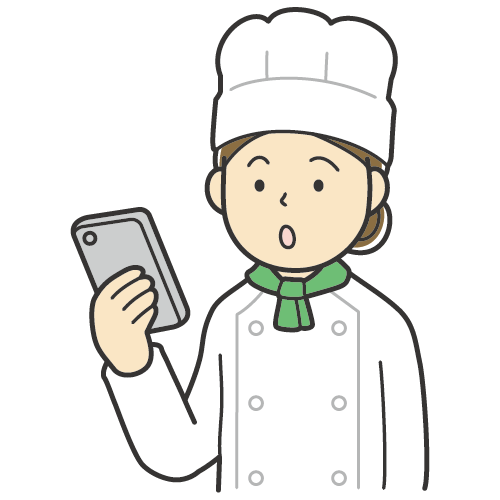 スマートフォンの画面を見る女性のイラスト・コックコートにコック帽・料理人・シェフ・シンプルイラスト・笑顔