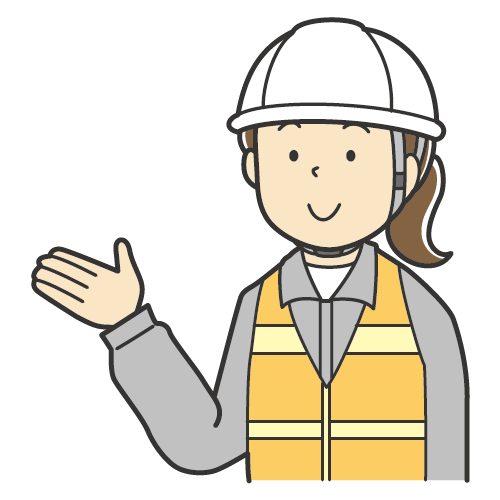 説明をする女性のイラスト・ヘルメットをつけて作業着・安全ベストを着用した女性・笑顔