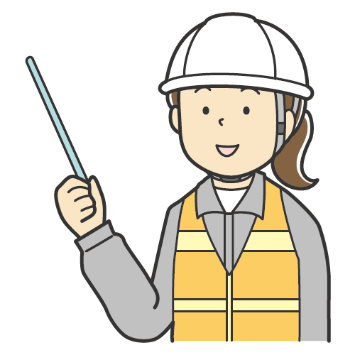 説明をする女性のイラスト・ヘルメットをつけて作業着・安全ベストを着用した女性・笑顔
