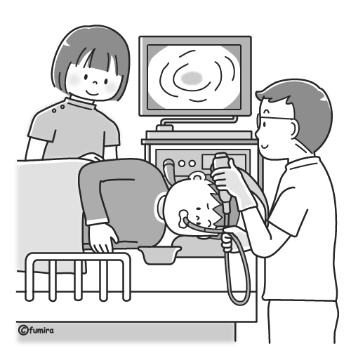 内視鏡・胃カメラの検査を受ける男性のイラスト（モノクロ）