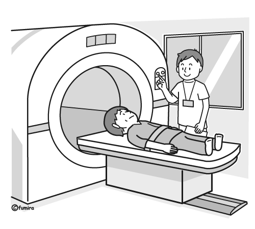 MRI・検査を受ける男性のイラスト（モノクロ）