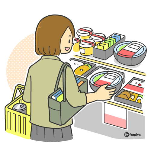 コンビニで買い物をする女性のイラスト（カラー） | 子供と動物のイラスト屋さん わたなべふみ