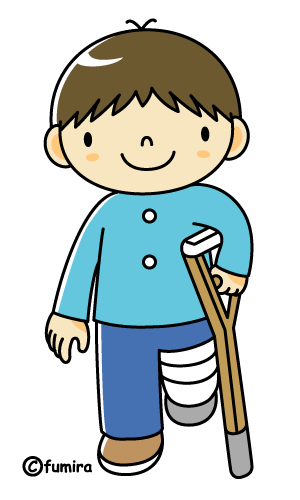 子供の怪我 松葉杖をついた男の子のイラスト カラー 子供と動物のイラスト屋さん わたなべふみ