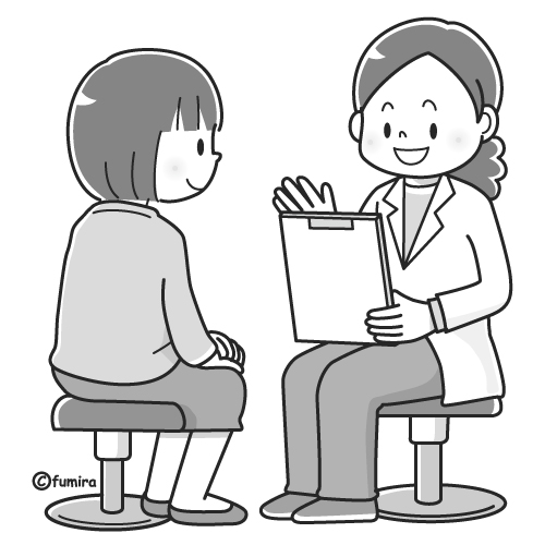 健康診断・問診を受ける女性のイラスト（モノクロ）