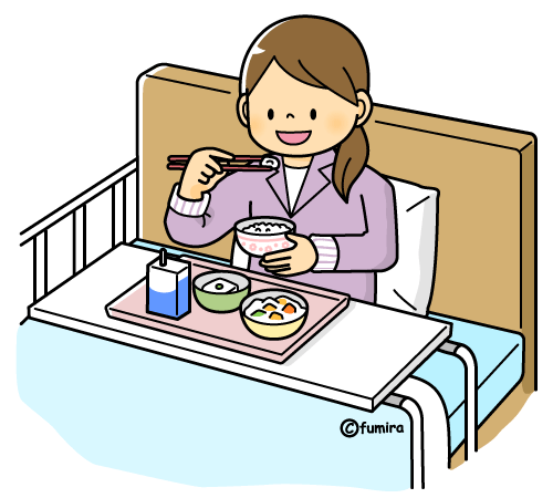 入院・ベッドで食事をする女性（カラー）