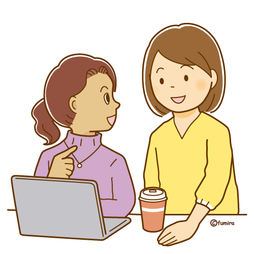 パソコンに向かっている外国人の女性と話しかける日本人女性のイラスト（ソフト）