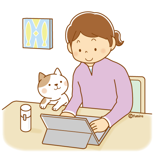 パソコンを操作する女性と猫のイラスト（ソフト）