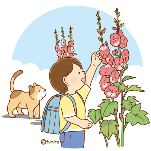 タチアオイの花を見上げる子どもと猫のイラスト（ソフト）