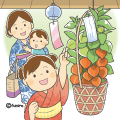 ほおずき市でほおずきを眺める親子のイラスト(カラー) ほおずき市でほおずきを眺める親子のイラスト(カラー)