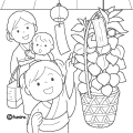 ほおずき市でほおずきを眺める親子のイラスト(ぬりえ)で ほおずき市でほおずきを眺める親子のイラスト(ぬりえ)