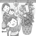 ほおずき市でほおずきを眺める親子のイラスト(モノクロ) ほおずき市でほおずきを眺める親子のイラスト(モノクロ)
