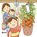 ほおずき市でほおずきを眺める親子のイラスト(ソフト) ほおずき市でほおずきを眺める親子のイラスト(ソフト)
