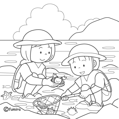 海で磯遊びをする子どもたちのイラスト（ぬりえ）