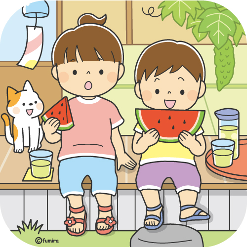 スイカを食べる子どもたちのイラスト カラー 子供と動物のイラスト屋さん わたなべふみ