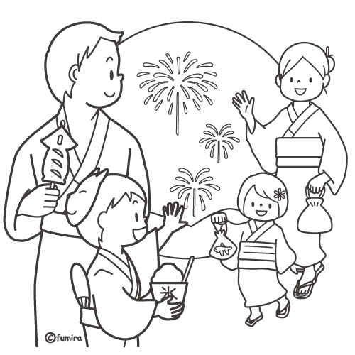 お祭り・花火を見に来た家族のイラスト（ぬりえ）