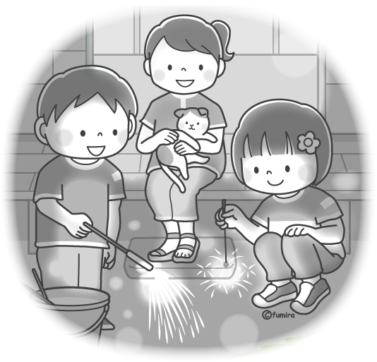 庭で手持ち花火であそぶ子どもたちのイラスト（モノクロ）