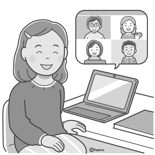 パソコンをつかって世界の学生と話合う外国人の女の子のイラスト（モノクロ）