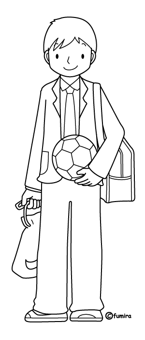 サッカーボールを持つ男子中学生（ぬりえ）