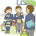 学校の庭のベンチでランチをしている学生たちのイラスト(カラー) 学校の庭のベンチでランチをしている学生たちのイラスト(カラー)