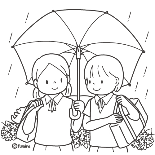 傘をさす女子中学生のイラスト（ぬりえ）