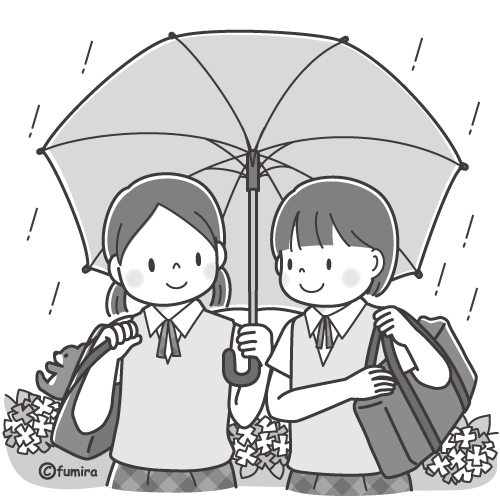 傘をさす女子中学生のイラスト（モノクロ）