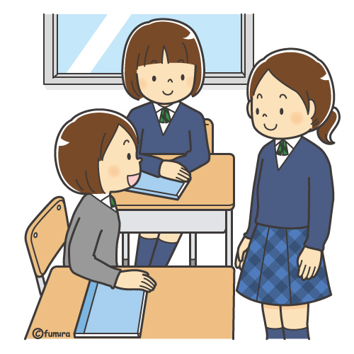 教室で話をする女子学生のイラスト（カラー）