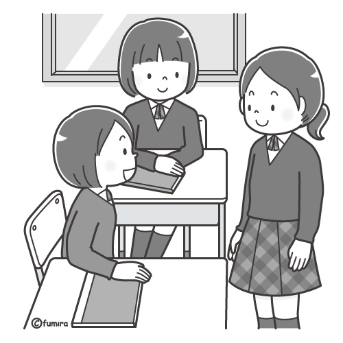 教室で話をする女子学生のイラスト（モノクロ）
