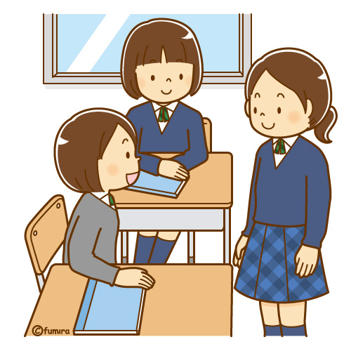 教室で話をする女子学生のイラスト（ソフト）
