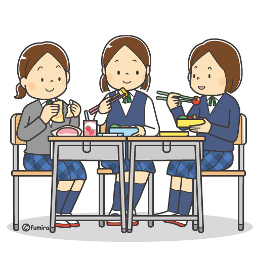 ともだちと一緒にお弁当を食べる女子学生のイラスト（カラー）
