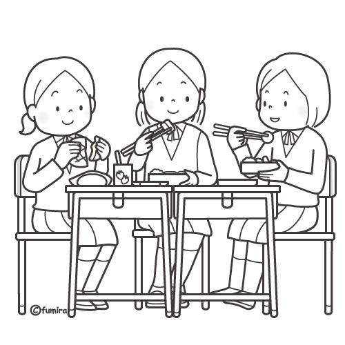 ともだちと一緒にお弁当を食べる女子学生のイラスト（ぬりえ）