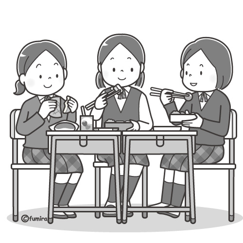 ともだちと一緒にお弁当を食べる女子学生のイラスト（モノクロ）