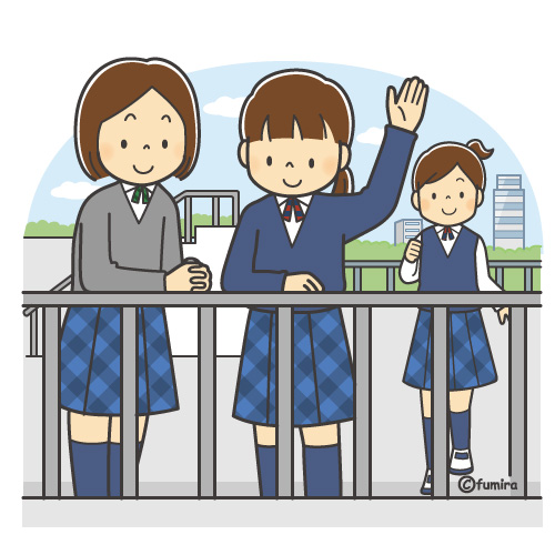 屋上で手を振る女子学生のイラスト（カラー）