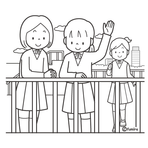 屋上で手を振る女子学生のイラスト（ぬりえ）