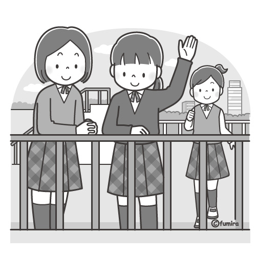 屋上で手を振る女子学生のイラスト（モノクロ）