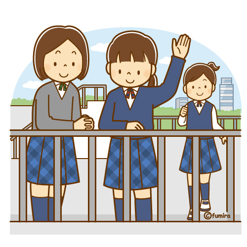 屋上で手を振る女子学生のイラスト（ソフト）