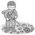芝刈りをする男性のイラスト（モノクロ）