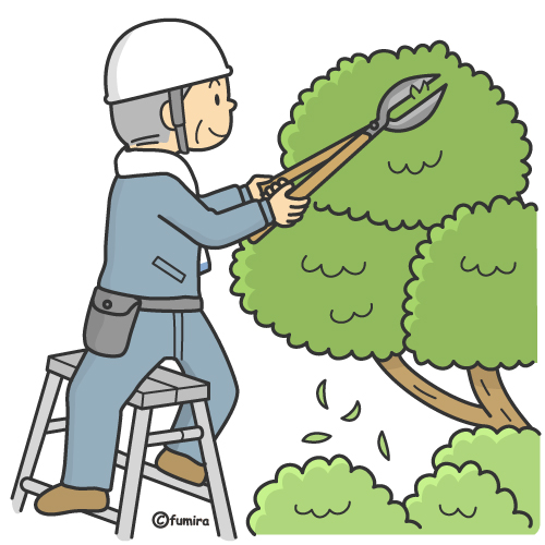 庭木の剪定をする男性のイラスト・シルバー（ソフト）