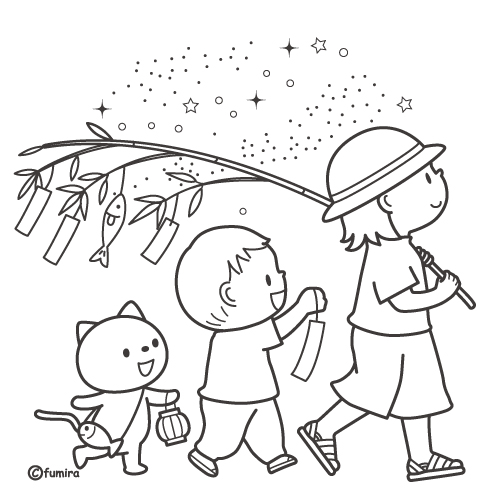 七夕・飾り付けをした笹の葉を持ち歩く子どもたちのイラスト（ぬりえ）