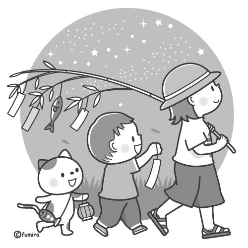 七夕・飾り付けをした笹の葉を持ち歩く子どもたちのイラスト（モノクロ）