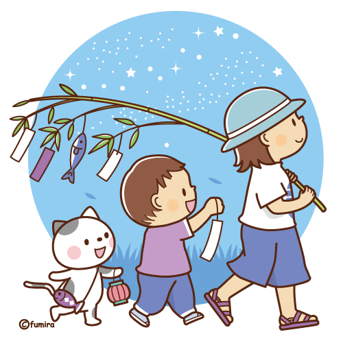 七夕・飾り付けをした笹の葉を持ち歩く子どもたちのイラスト（ソフト）