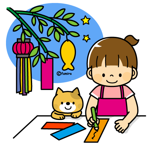 七夕の短冊を書く女の子と猫のイラスト カラー 子供と動物のイラスト屋さん わたなべふみ