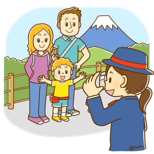 観光名所で記念写真を撮る外国人家族のイラスト（ソフト）